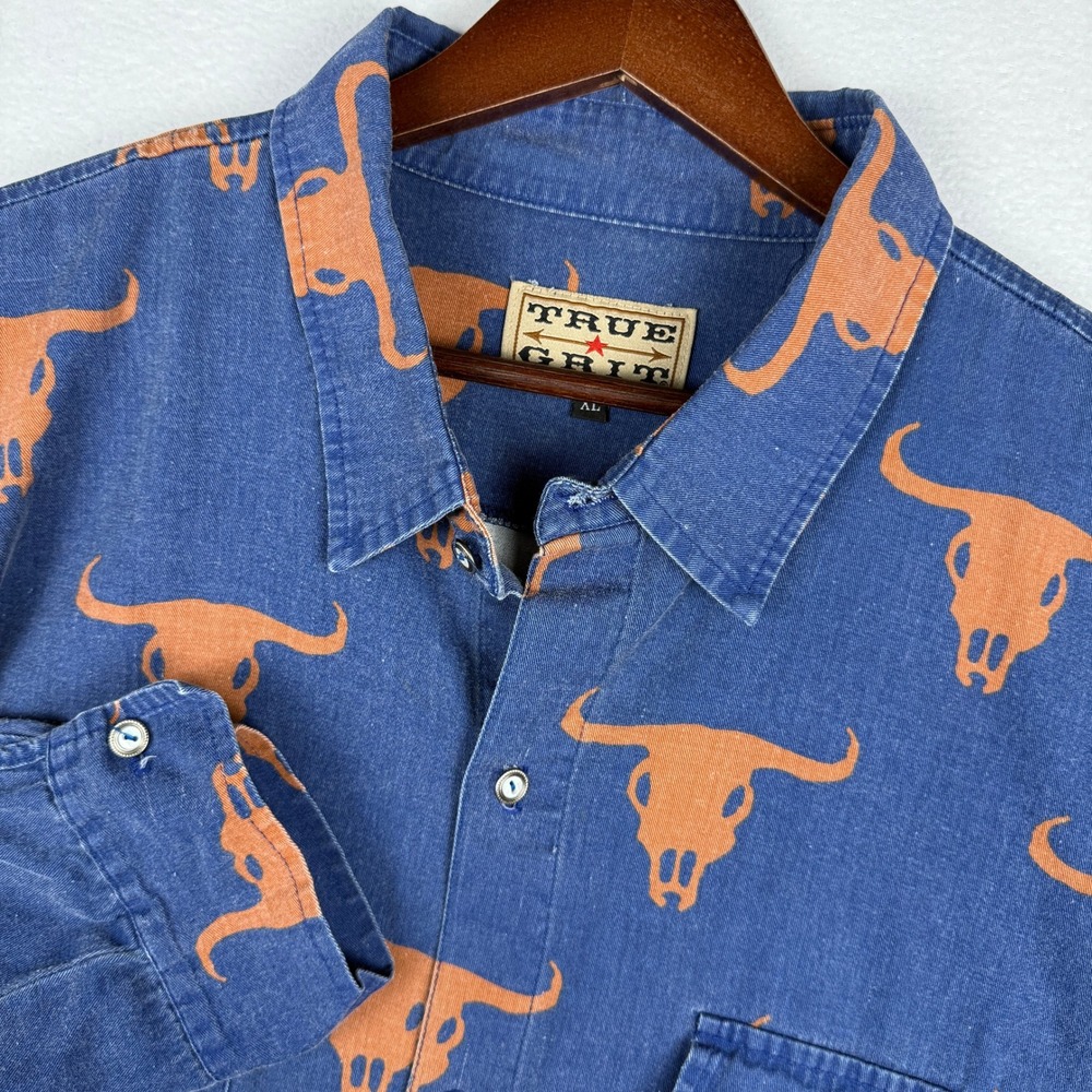 Vintage True Grit Button Up Shirt Mens XL Blue Longhorn Steer Skull Western L/S